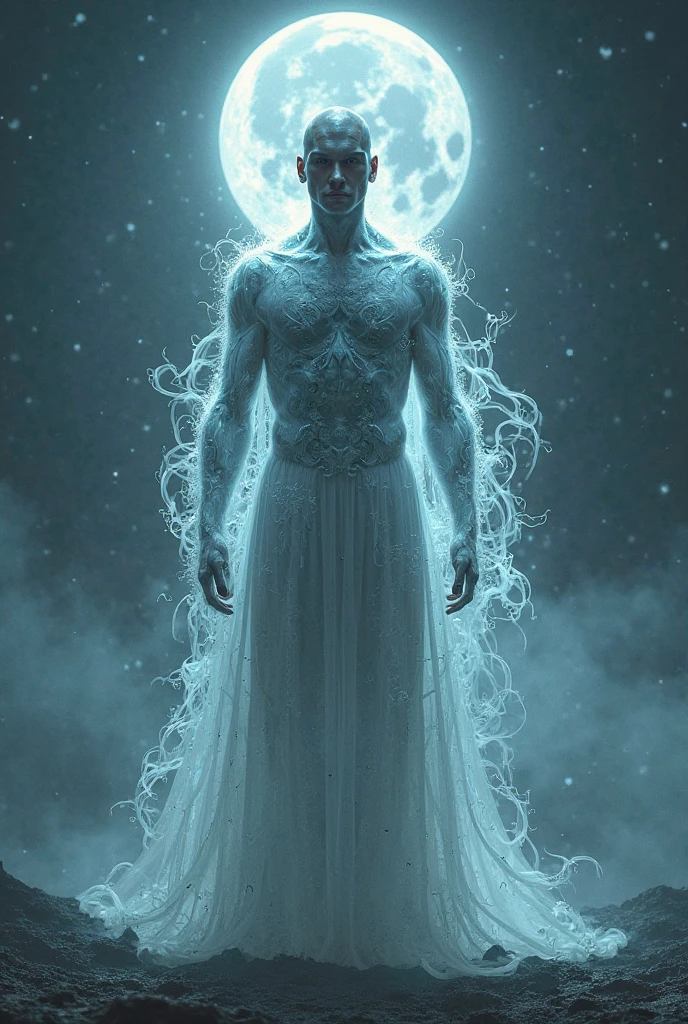 A humanoid figure made of silver light, body made of silver light, eerie, incredible visage, night, full moon, light, body of light, awesome traces, 8K, extreme detail description, professional,vivid colors, dramatic light