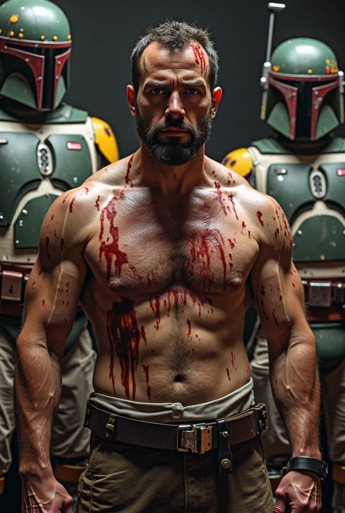 In a dark cave prison, Superman stands naked in white briefs with his shoulders hunched, his head bowed, sweat dripping from his face, and he looks as if he is about to collapse, with a painful and pitiful expression on his face. He has a Superman mark on his chest and a glowing green necklace. He is a white, middle-aged man, solidly built, with black hair with white sides. There are iron bars and men in suits looking at him from outside.