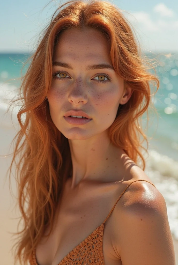 Generate an image of a beautiful, red-haired woman with expressive brown eyes, a delicate, upturned nose, softly outlined lips, well-defined eyebrows and red hair falling in soft waves over her shoulders. Highlight the radiant and friendly facial expression, providing a unique and captivating look."