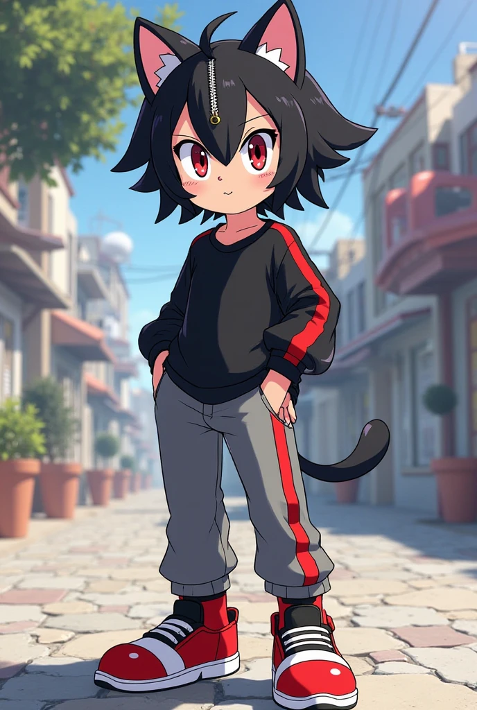 one boy, toned, flexing, sharp big cat ears, cat tail, big black messy hair, extremely vibrant red eyes, masterpiece, vibrant, micro thong , slim dark black hoodie, full body view, cute face, black thigh socks, combat boots.