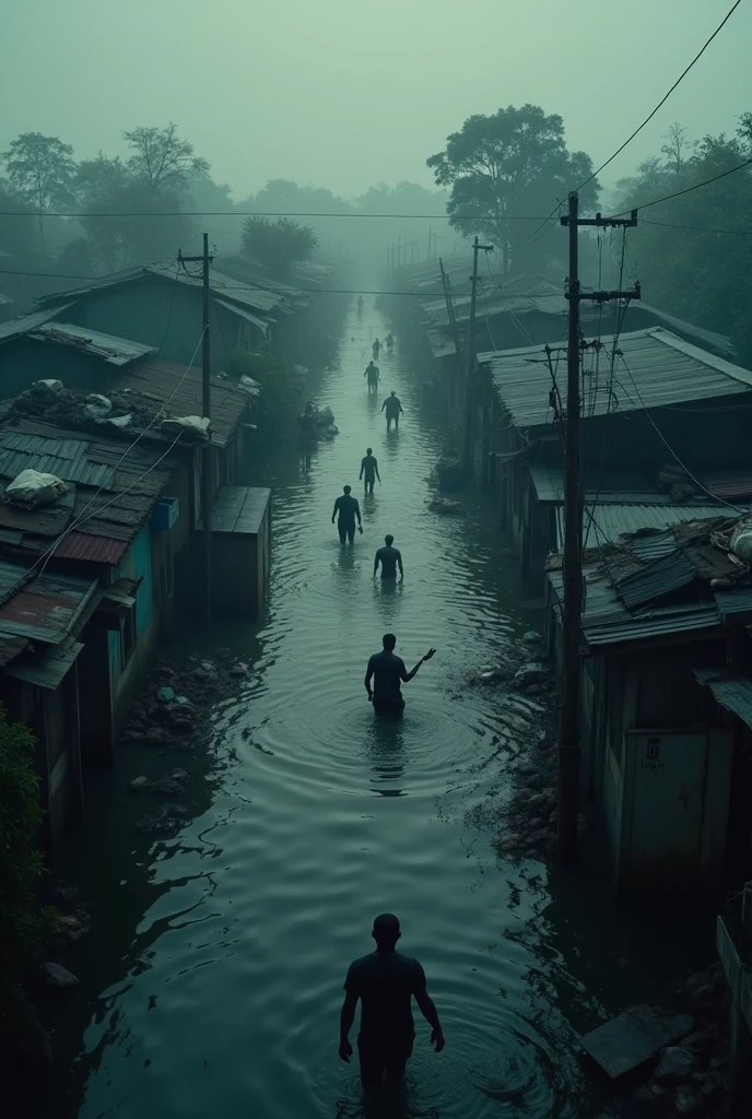India has opened their dams during the rainy season without any warning, as a means of revenge on Bangladesh. As a result many Bangladeshi cities are now flooded, causing casualties and even death. Depict this tragic situation through art