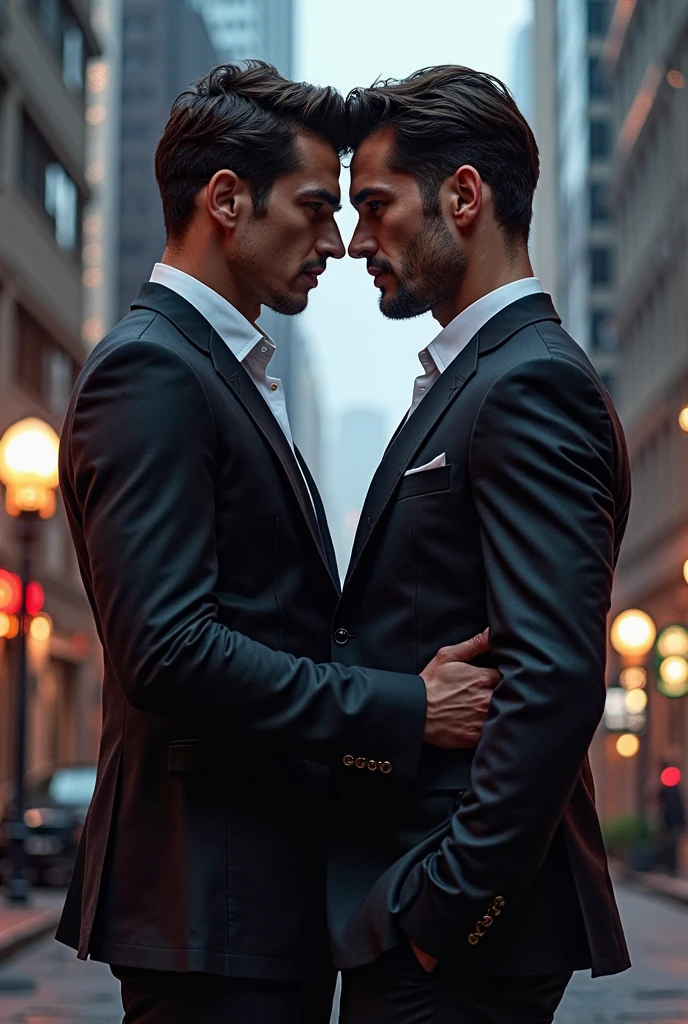 David Gandy/Henry Cavill lookalike, and Kellan Lutz/Paul walker lookalike, standing in a dark alley in London, kissing each other