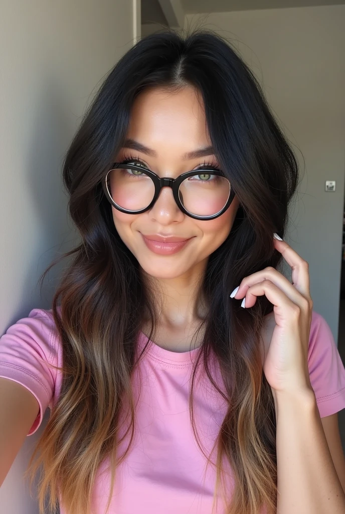 She has an oval face with high cheekbones, a defined jawline is Asian, japanese. His eyes are large and almond, black in color, with long eyelashes and thick, arched eyebrows, with a small scratch on his right eyebrow. His nose is small and straight, and she has full, wide lips. His hair is black with a green streak on the left side., short and smooth, usually worn loose with a fringe that partially covers the forehead. Her skin is fair with lots of freckles on her nose and rosy cheeks.. She wears glasses and is TAKING A SELFIE, taking a selfie with your cell phone, taking a selfie photo with your cell phone TIRANDO UMA SELFIE, taking a selfie with your cell phone, taking a selfie photo with your cell phone