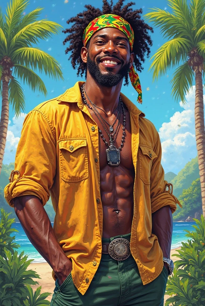 (dramatic illumination, dynamic angle, intense color contrast), (muscular young black man with black afro hair: 1.2), (shirtless, wearing red athletic shorts 1.1), (holding waterbottle in right hand: 1.1), (outdoors, climbing artificial rock-climbing wall: 1.2) (red yellow and white banner in background: 1.2
