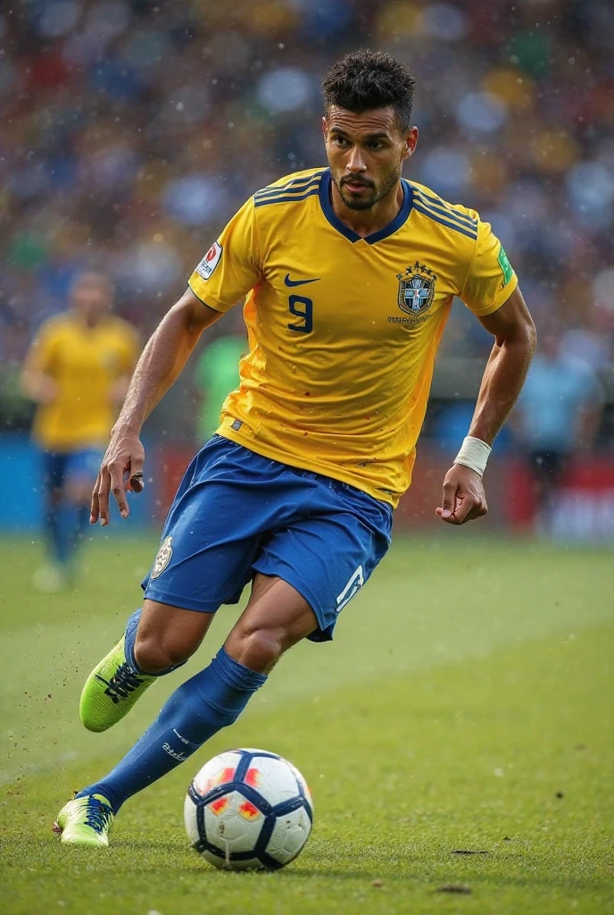 Stunning Rogerinho , offwhite,and is Brazilian, short dark brown hair, and he doesn't have a beard, and has the face of a child around 8 or , and he is a Real Madrid player, photo in 8k, in action, cinematic.but he kept dribbling everyone