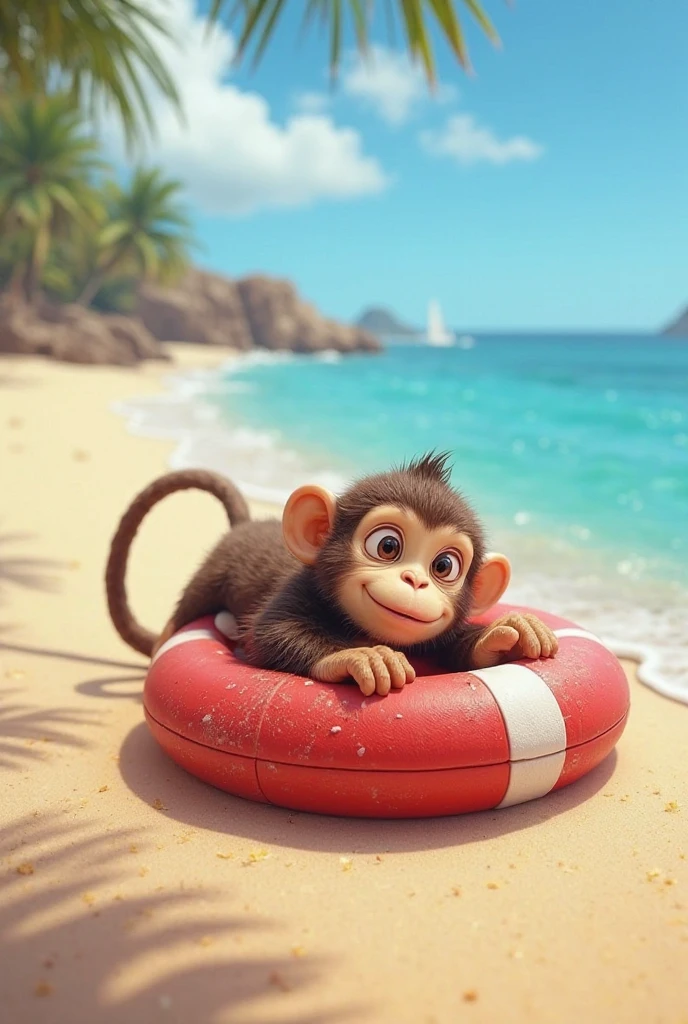 Young monkey, navigating in a half coconut, paddling, bananas on the boat, clear day, Caribbean ocean, highly detailed. 3D character, cinematic animation.