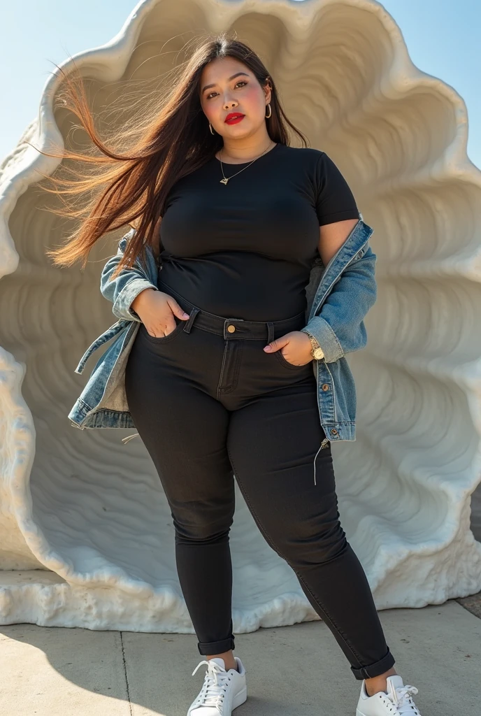 ((top quality、8k、masterpiece:1.3))、sharp focus, High level of image quality, high resolution，,gray shirt，，black jeans，37-year-old woman with long wavy hair，Mature，charming smile，Draw lips correctly, red lipstick，stand，Slightly fat，Big breasts，beach background，full-body shot