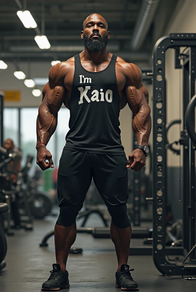 Make a black man with a big at the gym with a shirt written on it "I'm Kaio"