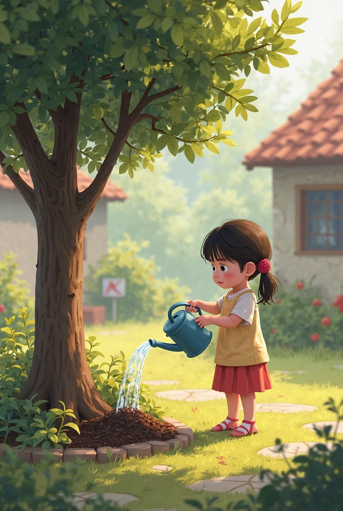 Create an image of a boy or girl watering a garden on a rainy day