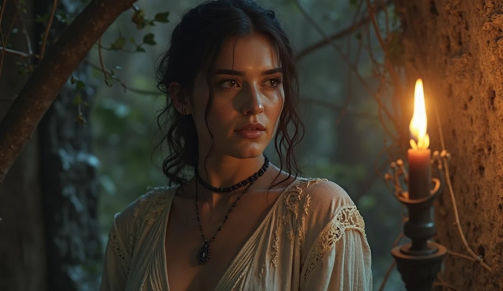 Crear un  ((FULL WIDE SHOT)) de una mujer hermosa con ojos grises, pelo castaño, con vestido floreado,rosas, Broad Lighting, reflejos claros , paisaje misterioso , SAD EXPRESSION, intrincated details, stares directly into the camera with a hard focus. high quality, 8K Ultra HD, Hip-Level: ((FULL WIDE SHOT)). ((photography)) Jorge Martin Style, Master piece, museum print