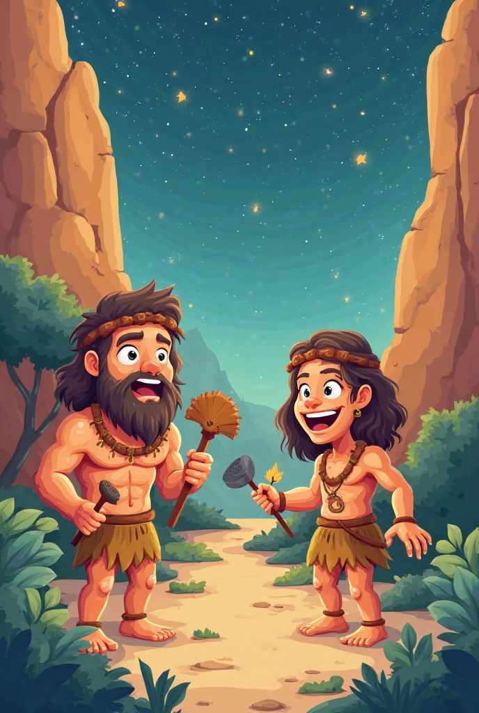 Can you make me a cartoon of two men in loincloths sowing? 
