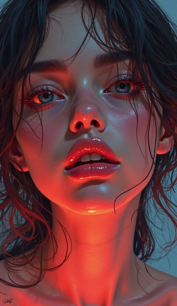 neon eyes, wet hair, wet drops on the face. Portrait of Lucy Pinder, y face, bitten lips, boca, language, sexSeductive, Hyperrealism, photorealism, 7k better , Whole body, nude, d , mebreasts and wid