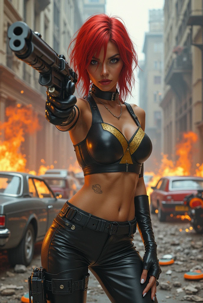 A female reporter with red hair holding a mic, A doomsday scene, chaotic, destruction, explosion, burning, meteorites rained down on the earth, post-apocalyptic