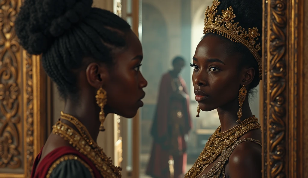 Reine guerrière africaine style disney en costume seconde peau imitant un col zoulou avec des plumes de faisan, Perles & Perles, pièces métalliques en miroir avec design zoulou et couronne zoulou