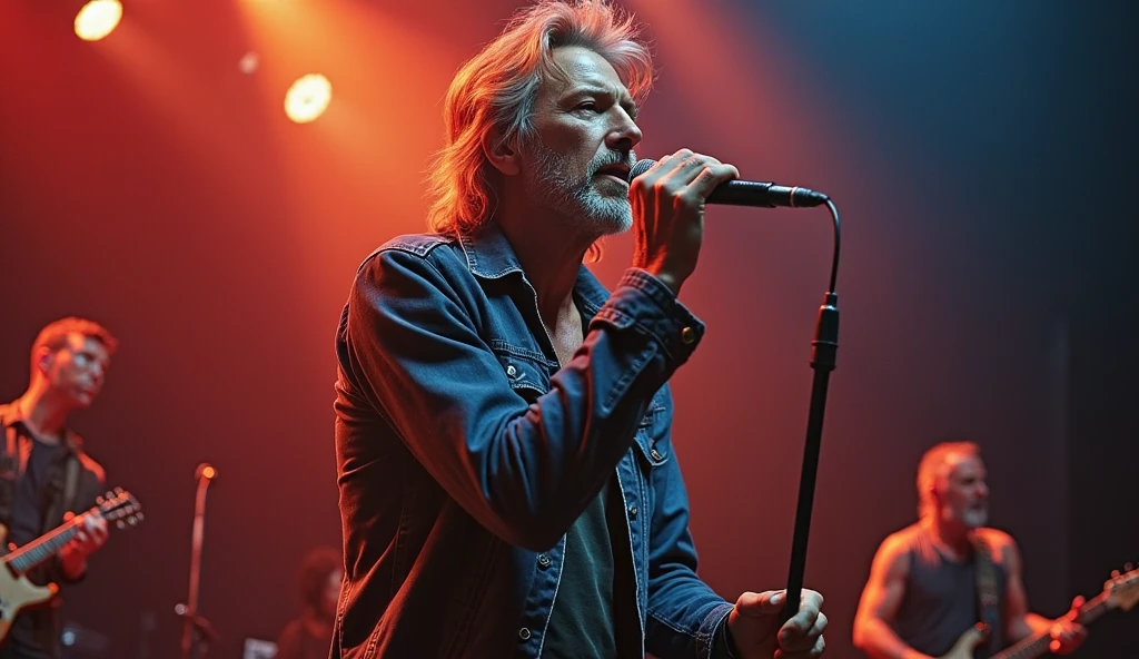 Rock singer with Mic on the pedestal or in his hand singing in the background other musicians beards because he looks very similar to a well-known rocker Jon Bon Jovi sitting very close to his face the image his band starts with guitar or bass and drums these images and a video cover write with very beautiful lyrics on one side of the image written with larger lyrics rock ballads. And with lyrics in very short lists the names of possible rock music unknown names