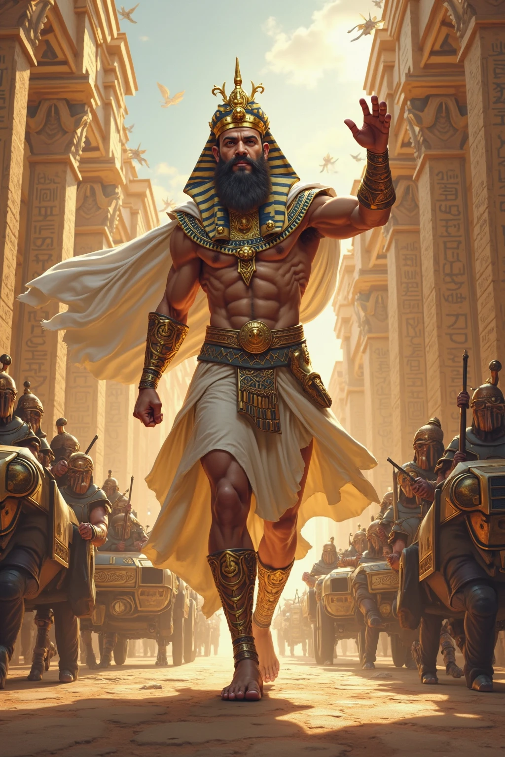 ANGRY giant pharaoh, holding a text that says alliance egypt