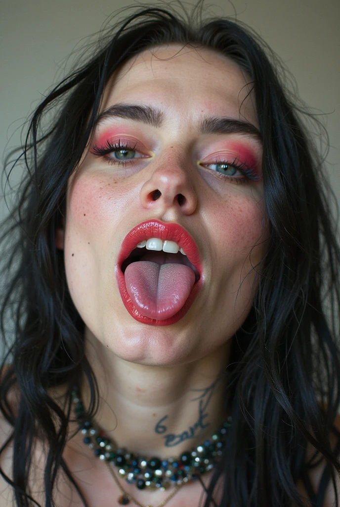 a photograph of (1girl, solo) fotografía analógica de ahegao, ahegao expression, sweat ((salivation)), 1girl has reddened cheeks, (soft saturation:1.2), analog film photography, highly detailed, photorealistic, 8k, realistic skin texture, detailed facial features, ((seductive pose)), (dynamic angle),