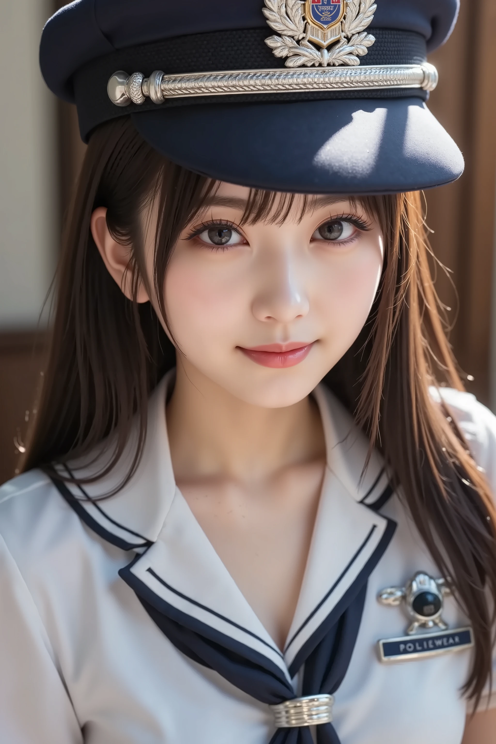(A state where the face is accurately positioned in the center of the image: 1.5), (upper breast: 1.5), (fully reflects the entire head: 1.5), (Face clearly visible: 1.2)、 (Female police officer、 police cap for 2 : 1.5), (The Iron Grid Prison in the Dark : 1.5), long hair、bangs, smile, young and cute japanese face , official art, high image quality CG Unity 8k wallpaper,Ultra high image quality , very well detailed, high image quality , film grain , lens flare glow , Best Quality ,8k, as a portrait shot ,8k, viewer , (( masterpiece)), (( Best Quality )), ( very well detailed), (( it's cute )), (( sexy)), (( very well detailedな)), ( Detailwear Features ), ( beautiful), illustration of a woman with a penis , beautiful Japanese woman, (( ladies 1 )), (Tight Chest : 1.3)