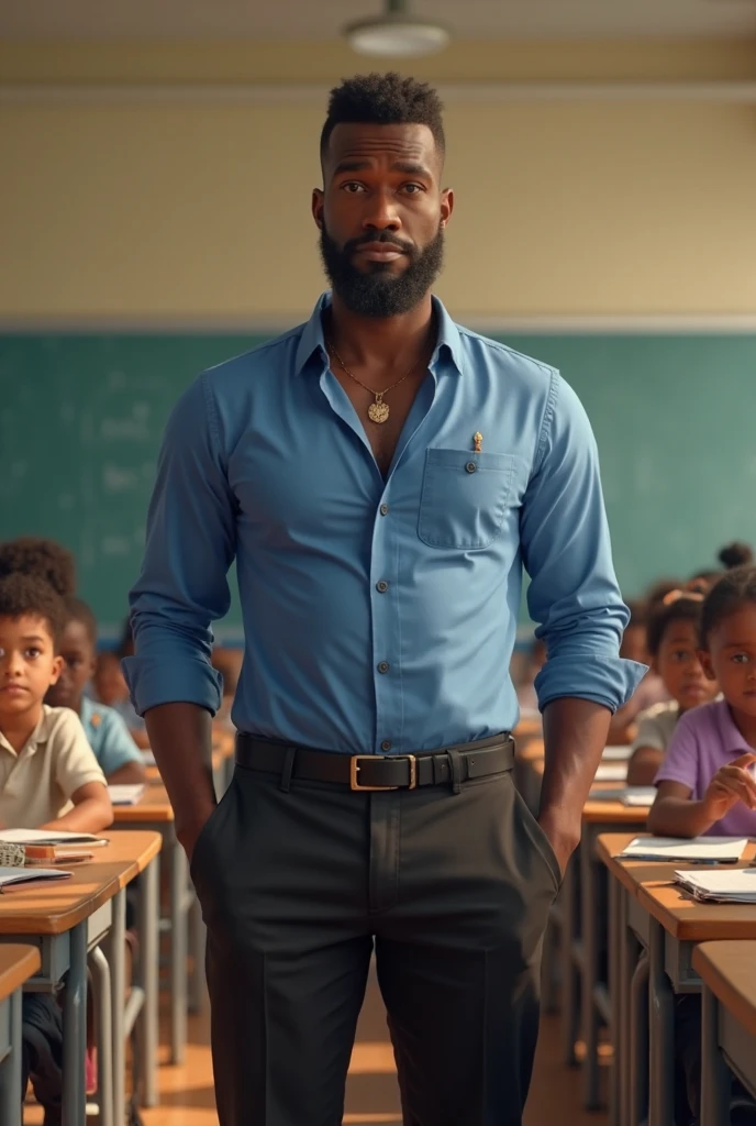 Smiling hairy and bearded mavambo teacher giving a class in navy blue underwear with a book in his hand.