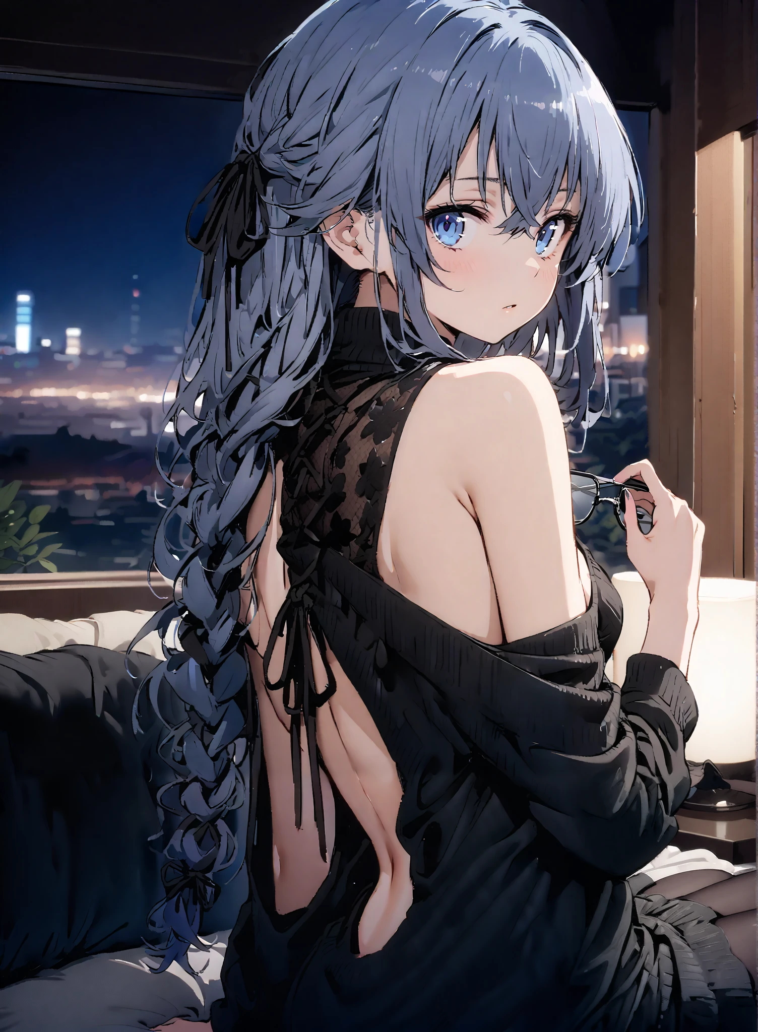 score_9, score_8_up, score_7_up, source_anime,
Roximigurdia, Roxy Migurdia, stupid hair, black ribbon, blue eyes, Lantern, knitting glasses, o, hair ribbon, 長い髪knitting glasses twin knitting glassess,
Virgin Killer Sweater, Naked Sweater, sweater dress, Open back clothing, turtleneck sweater, backless dress, sideboob,Black Panty Stockings, is turning, Interior ,Beautiful cityscape, sitting on the bed,night,full bodyがイラストに入るように, break indoors, bedroom,
break looking at viewer,full body,
break (masterpiece:1.2),Best Quality , kampala, Unity 8K Wallpaper ,(shape:0.8),( fine, beautiful eyes :1.6),It's a person ,full body写真,CG Details , (perfect hands, complete anatomy),