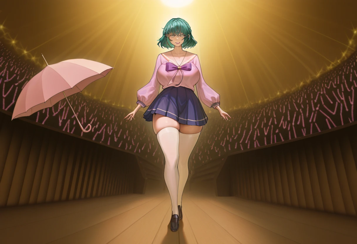 (Full body image:1.5), (Princess Zelda, Are standing, alone:1.2) ,(Large Breasts:1.5), (She is wearing a black maid outfit、wearing a very short white skirt。/Her body-hugging clothes:1.3), (She&#39;s in front of the bed in the hotel room:1.3), she has (blue eyes, Dark green mohawk:1.2), (She&#39;s smiling, Looking at the audience. Exhibitionist pose:1.2), Anime Style, 16K, Highest quality, Attention to detail, Textured skin, Ultra-high resolution, masterpiece, Anatomically correct