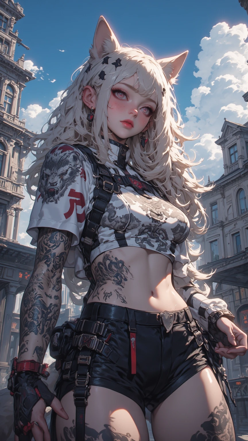 (((mulher))), (((melhor qualidade))), (((obra prima))), (((adulta))), Uma guerreira mulher de 35 anos com corpo perfeito, She-Lobo, (( under boobs )), ((( micro saia ))), ((( cinta liga ))), quase nua no estilo selvagem urbano de Simon Bisley para a capa da revista Heavy Metal, cabelo loiro, Minimum clothing, armadura (vermelho escuro com estrelas brancas), cheio de pontas e rebites manchadas de tinta, tatuagem de estrelas de 5 pontas, (((corpo inteiro))), cabelo preto curto com franja branca cobrindo a testa