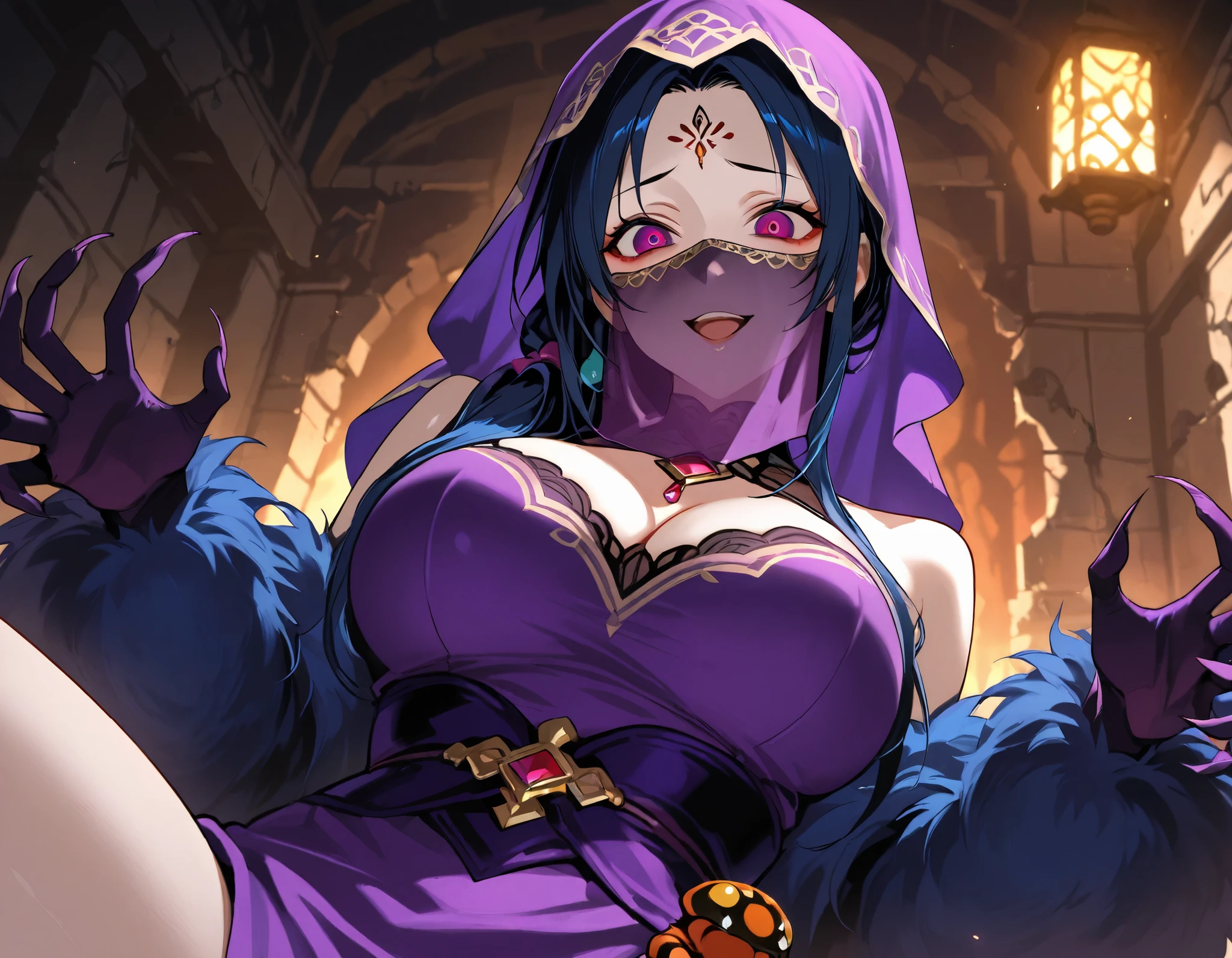sfw,(Masterpiece: 1.2, Best Quality), Realistic, (Realistic Picture, Complex Details, Depth of Field), Best Quality, Masterpiece, Highly Detailed, Semi Realistic, 1 Girl, Mature Female, 21 Years Old, Blue Hair, Shoulder length long Hair, Left Eye Covered with Hair, Blue Eyes, King's Clothes, Red Cloak, Slim Figure, Crown Made of Precious Gold, Reading Documents, Marking Documents, Goose Hair Pen, Office Table, Soft Bench, Palace, In the palace, during the Middle Ages,flirty ,ara ara feel