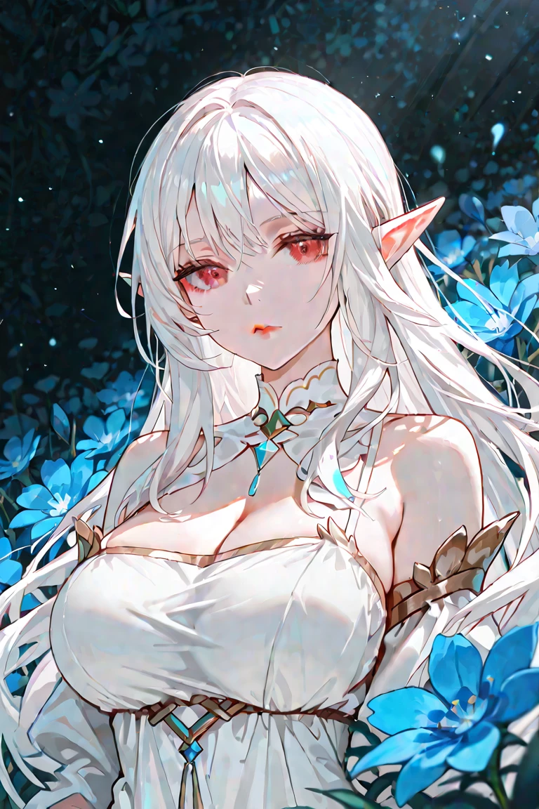 Anime, woman, long hair, pale blue hair, pink eyes, gently, earrings, big boob, wearing a black dress, beautiful, elegant, pure, fantasy, ice, snowflake, snow land, cool, noble, small smiled, fur coat, elf,