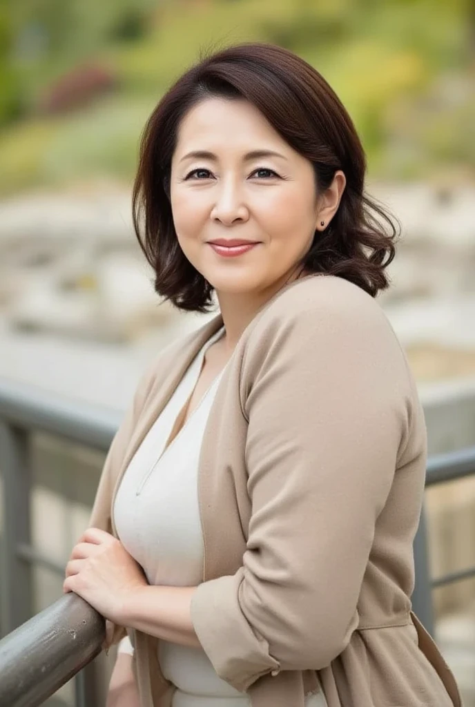最high quality, In 8K, Masseter region, real, Sharp focus, high quality, High resolution, Detailed face, Fine grain, Thick lips, Background Blur, alone, Middle-aged women, , 65 years old, , Wavy Hair, Cleavage, Wearing a plain short-sleeved knit, Sitting on a park bench, Wrinkles around the eyes, Smiling with teeth showing