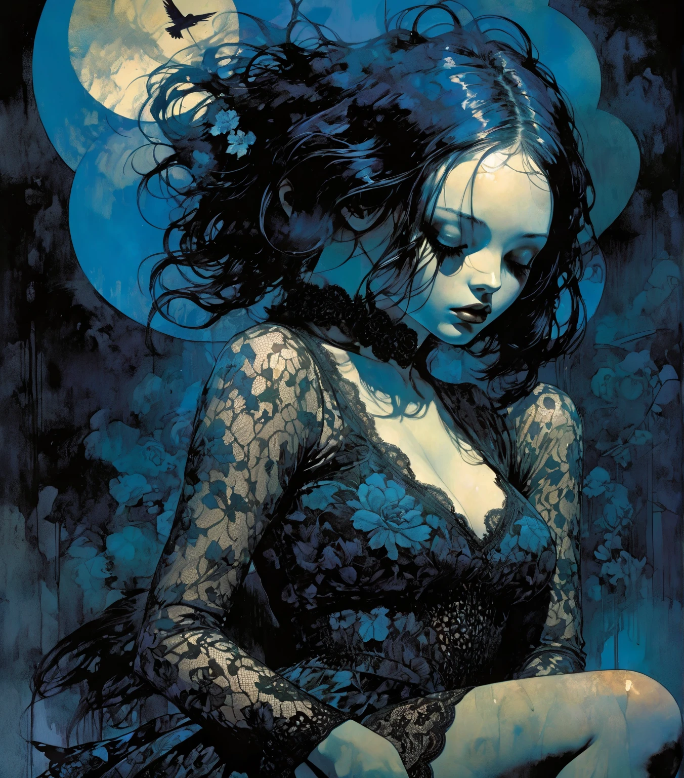 1girl, sexy, floral, cloud, bird, flow, hair over eyes, hair over one eye, sexy lace dress, (((ultra detailed))), softcore, kawaii, eroticism, sexy, between shadows, oil painting, chiaroscuro,{pussy,spread her pussy,cum,cum on pussy,masterbation,straddling,y} sensual, dramatic lighting, moody atmosphere, photorealistic, intricate details, masterpiece, ultra-detailed, high quality, 8k, best quality, realistic, cinematic, dark and brooding, expressionistic, powerful composition,blue tones, emotional impact, art inspired by Bill Sienkiewicz and Dave Mckean
