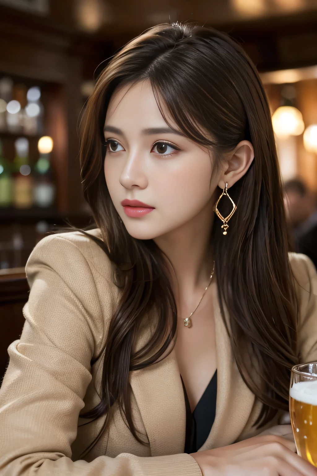 masterpiece, highest quality, Realistic, Very detailed, Finer details, High resolution, 8k wallpaper, One beautiful woman, Wear a black see-through shirt, In a great pub restaurant, At night, Light brown messy hair, Perfect dynamic composition, Beautiful and beautiful eyes、Big earrings