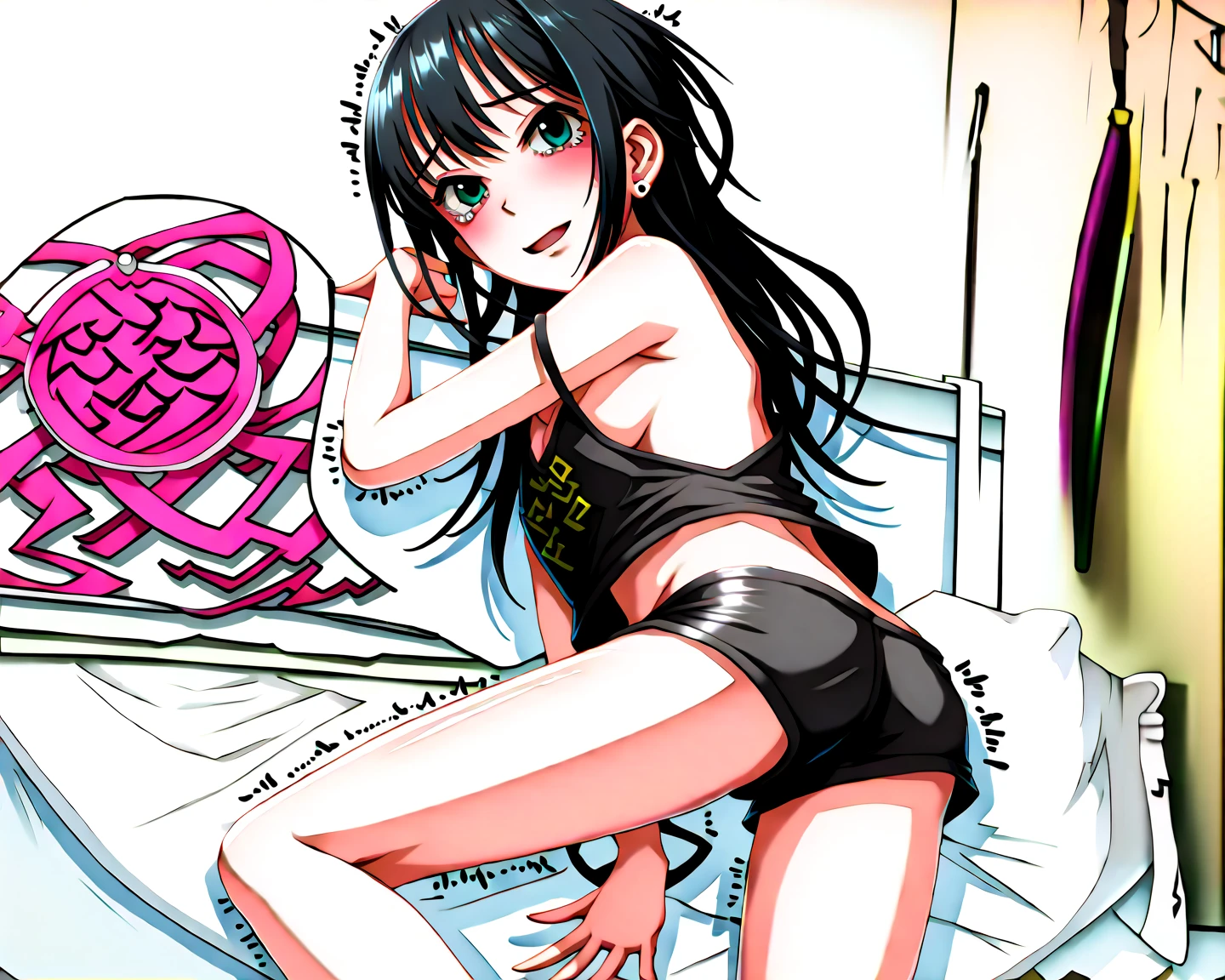 ((hinata hyuga)), big tits, black hair, white eyes, purple bikini, ((graffiti)), ((black background)), ((abstract)), thin, sexy, mooning ass, dog style, spraypaint, blotches, ((dynamic)),