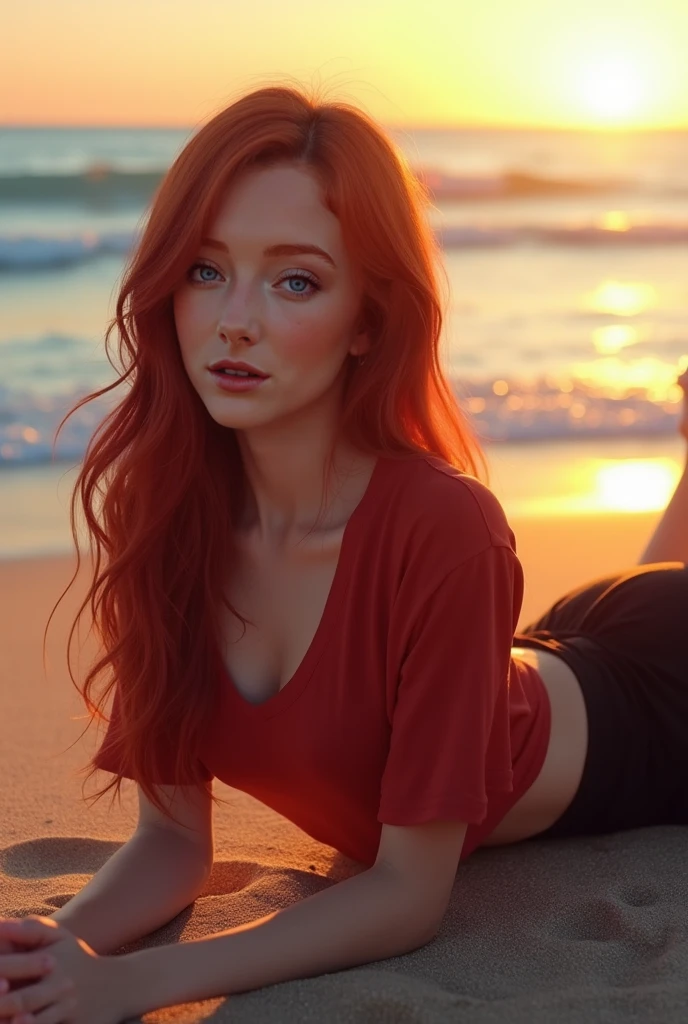 ((high quality)), ((Photorealism)), masterpiece, Clarity, detailing, high sharpness, sexy girl sitting on the beach with her friends, Eveningинка, Evening, big green eyes, (( Red hair )) , freckles, small parts, small breasts, pleasure, Bright studio lighting, smile, bracelet, palm trees,