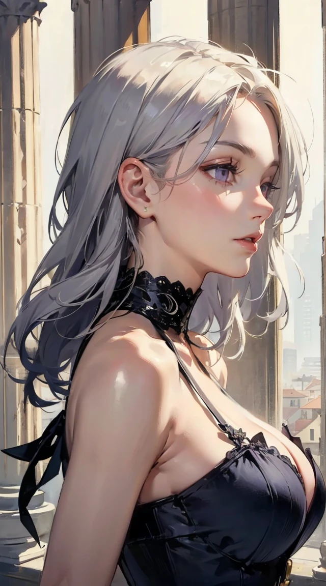 Chica elfa blanca, color de cabello gris oscuro, cabello muy largo y suelto, color gris de los ojos, small eyes, forma de ojo redondo, delineador de ojos, forma de cara realista. la camisa negra, retrato, Llevando una capucha negra, Fondo negro, profundidad de campo. looking to the camera, dreamy look detailed eyes, cara detallada, piel detallada, ultra detallado, hermoso y estetico, obra maestra, mejor calidad, hombros mostrando. Detalles de tela de red de pesca., forma de barbilla redonda. usando capucha negra sobre el cabello. mostrando la parte superior del cuerpo y la cara completas. Llevando una capucha negra, muchos estilos en el fondo, alejado, negro y oro. brillante,