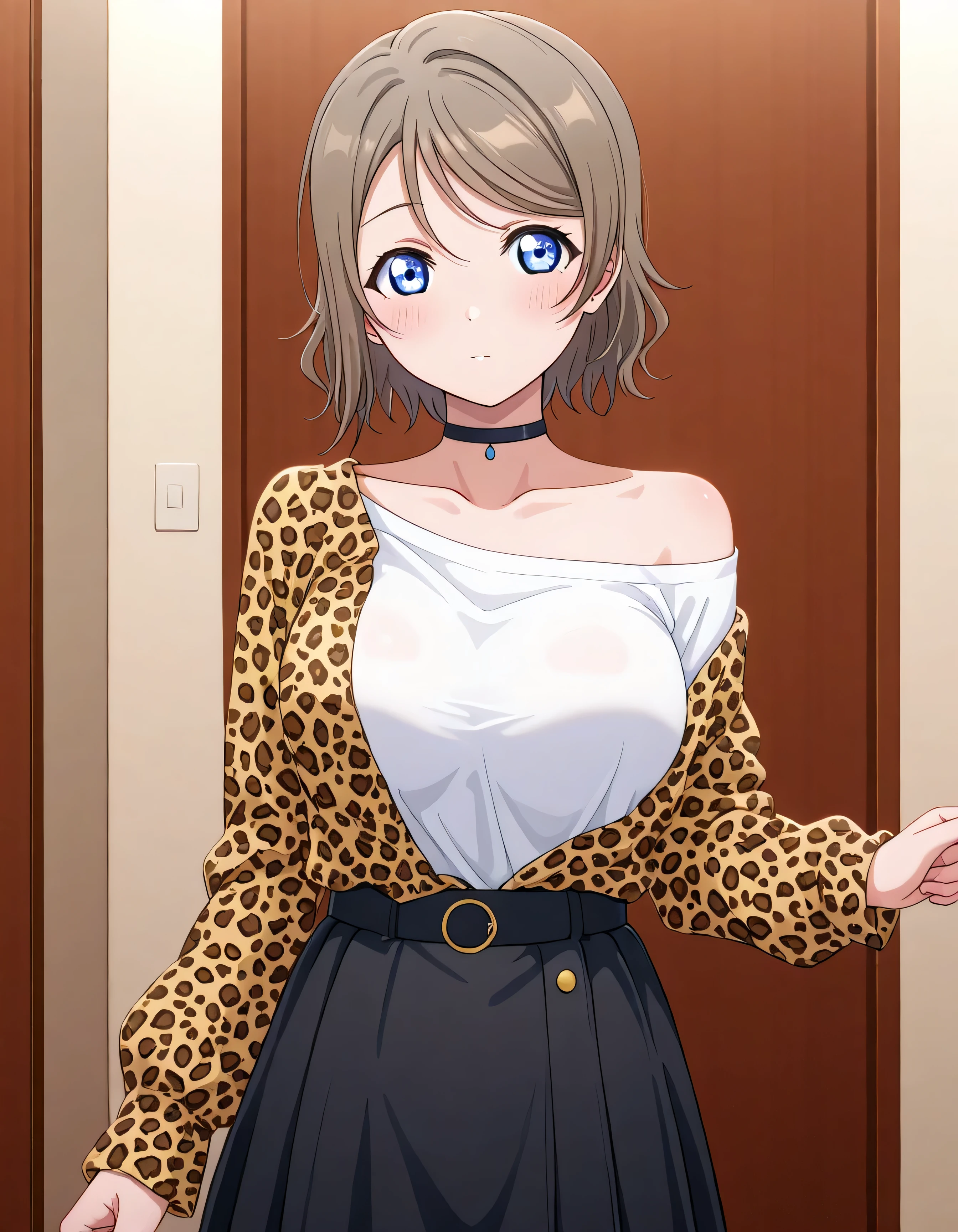 masterpiece, best quality, very aesthetic, absurdities, best quality, you watanabe, blue eyes, brown hair, short hair, swept bangs, large breast, at home in the room, ruanyi1002,leopard print,off shoulder,choker,black skirt,long sleeves,shirt