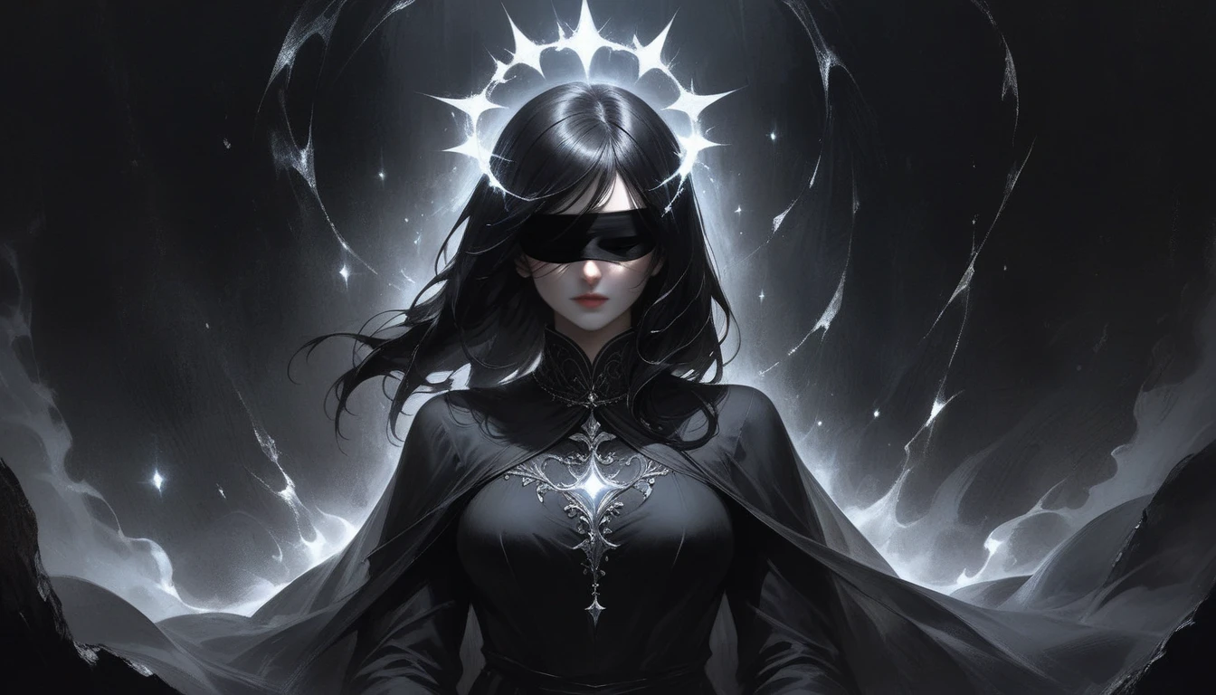 A mysterious, ethereal female figure with short, jet-black hair, softly illuminated by ambient lighting. Her eyes are concealed behind an intricate, crystalline black blindfold, resembling fractured obsidian or a delicate dark glass texture that subtly catches light. A floating, broken halo of glowing energy hovers above her head, radiating a faint ethereal glow with scattered energy fragments. She wears a high-collared black garment, appearing semi-transparent in areas, with textures resembling sculpted frost or a mix of liquid glass and shadowy mist. The composition is moody, dramatic, and surreal, with deep contrasts and a soft cinematic glow enveloping her figure. The background is dark, fading into a deep abyss, with subtle hints of light creating a mystical aura. The art style is semi-realistic with digital painting textures, incorporating fantasy and futuristic aesthetics while maintaining soft, blended edges and a painterly finish. floating ring of broken glowing energy, soft misty glow, scattered light particles. The background is completely dark, blank, and void-like, o background elements, no extra light sources, pure darkness,