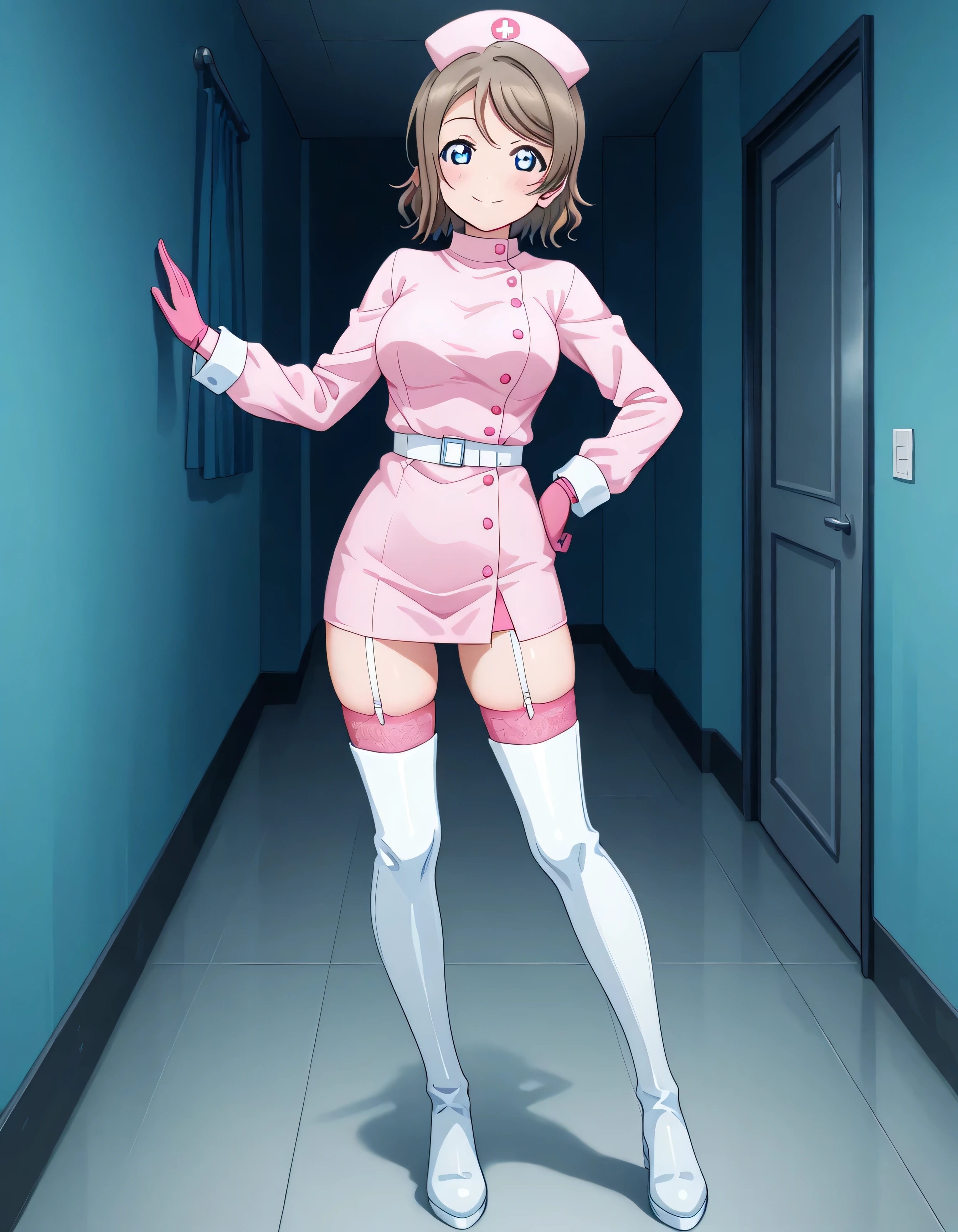 masterpiece, best quality, very aesthetic, absurdities, best quality, you watanabe, blue eyes, brown hair, short hair, swept bangs, large breast, at home in the room, smiling, full body,  ruanyi0540,belt,thigh boots,miniskirt,nurse cap,nurse,long sleeves,garter straps,pink gloves,pink thong,