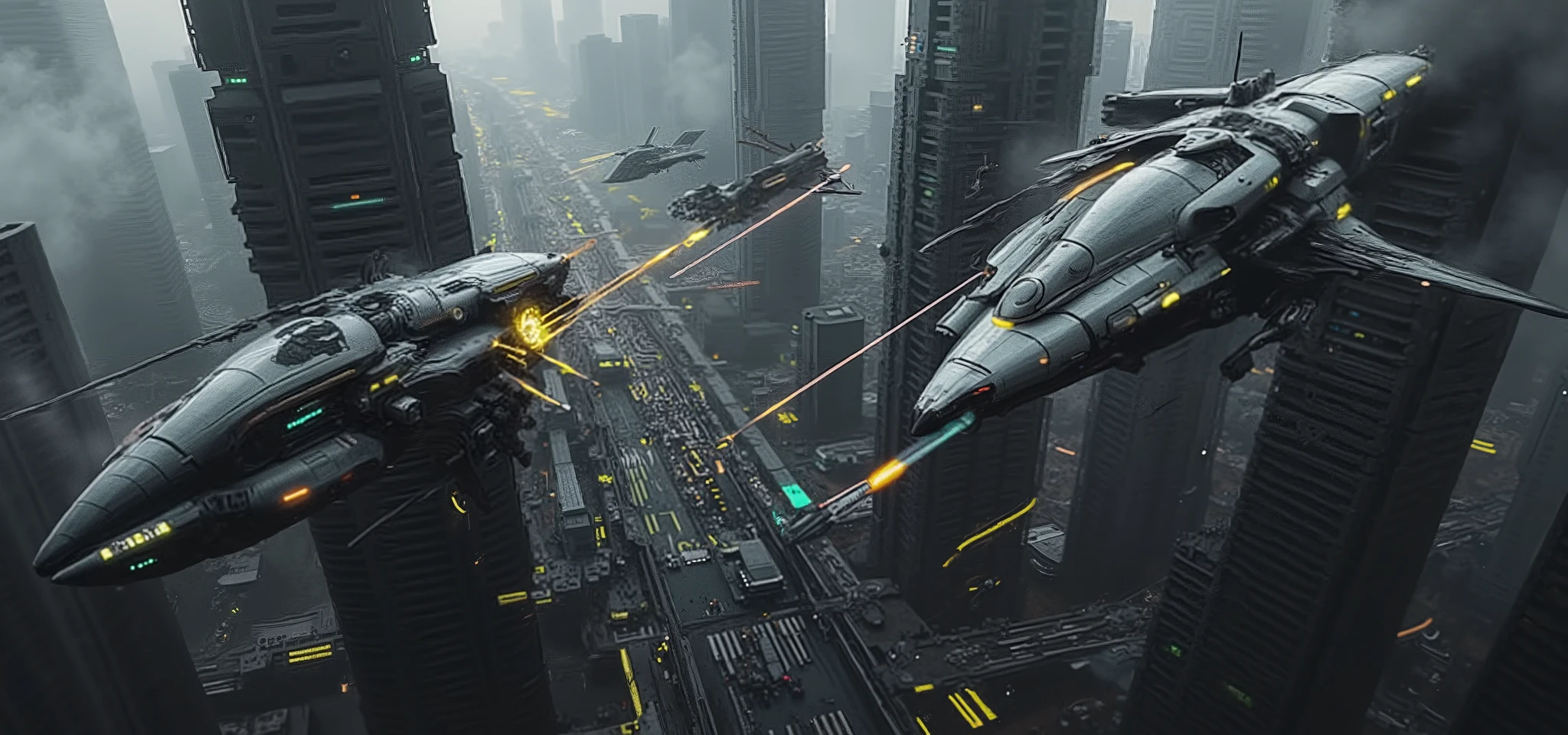Battle of white elliptical flying vehicles, begins over a futuristic city, super detailed 8k image
