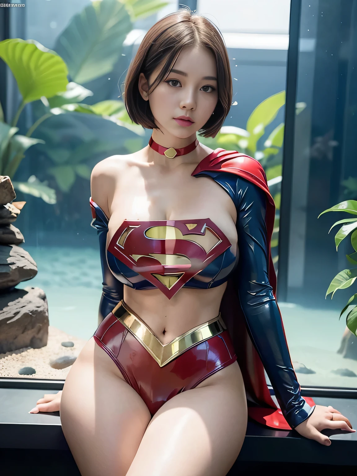 (64K, UHD, Best Quality, Masterpiece: 1.2), (Realistic, Photorealistic: 1.37), Super Detailed, Girl 1 Person, Cute, Solo, Beautiful Detailed Sky, Detailed Ballpark, Night, Full Length View, Standing, 23 years old, Height 167cm, Weight 55kg, Bust 85cm, F Cup, Waist 56cm, Hips 80cm, (Blushing nose), (Smile: 1.15), (Closed mouth), Big, Beautiful fine eyes, night, body-fitting Superman costume, rain, (short hair: 1.2), floating hair NovaFrogStyle,