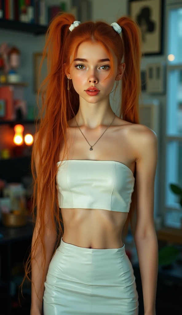 A 16 y.o. trashy girl, ginger girl, very pale skin , very bulging eyes, very thin girl, backlighting,(pink hairpins in her hair) and two pigtails, one on each side of the head,nose ring piercing, sun, backlighting, very pale skin full of freckles, very bulging eyes, ginger hair, very very very thin legs and very very very thin arms, swimming gracefully at abandoned city ruins in the background, sun, serene and mysterious atmosphere, 8k, vibrant colors, cinematic lighting, photorealistic, concept art style