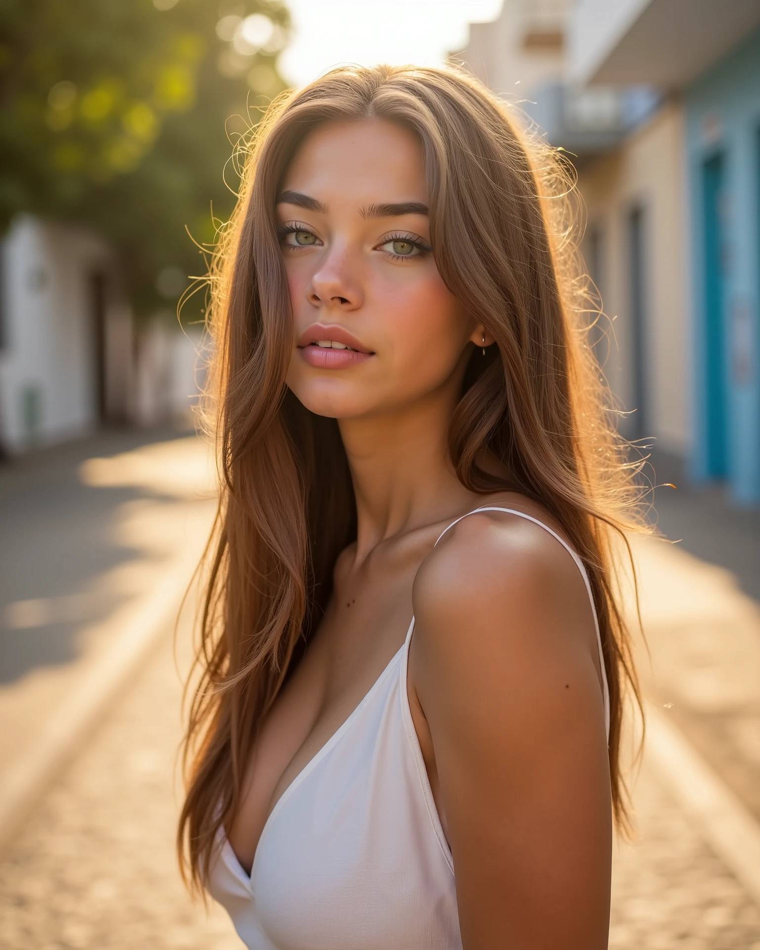 (photorealism: 1.2), photograph of an extremely beautiful 21 year old Latina, ((European : 1.3)),((cute and delicate)), perfect eyes, perfect lips, ((light green eyes: 1.3)), ((light brown hair swept to the side)), ((slim and sexy body)),((long body)),(very thin waist), (realistic and natural lighting), skin texture, ((extra long voluminous hair)), petite, gamer girl, fit girl, e-girl, height 1.67, very thin, weighs 49 kilos. she is having a great and funny day,(("DSLR photo, Streets of Ipanema, with Portuguese cobblestone sidewalk and golden evening light. White linen dress, minimalist flats and oversized sunglasses.((full body photo)), different angles, different poses, different perspectives, She feels happy, she feels seductive, she feels very bold, she feels beautiful, she feels like a whore but she loves it, she feels like a slut but she loves it, She is acting like a disgusting, silly and seductive whore. RAW photography, DSLR camera, soft lighting, high quality, film grain, Fujifilm XT3, (nsfw:1.1), incredible detail, masterpiece, 8k, 35mm photography, DSLR camera, great details of her body and face, Great details of the background and environment.
