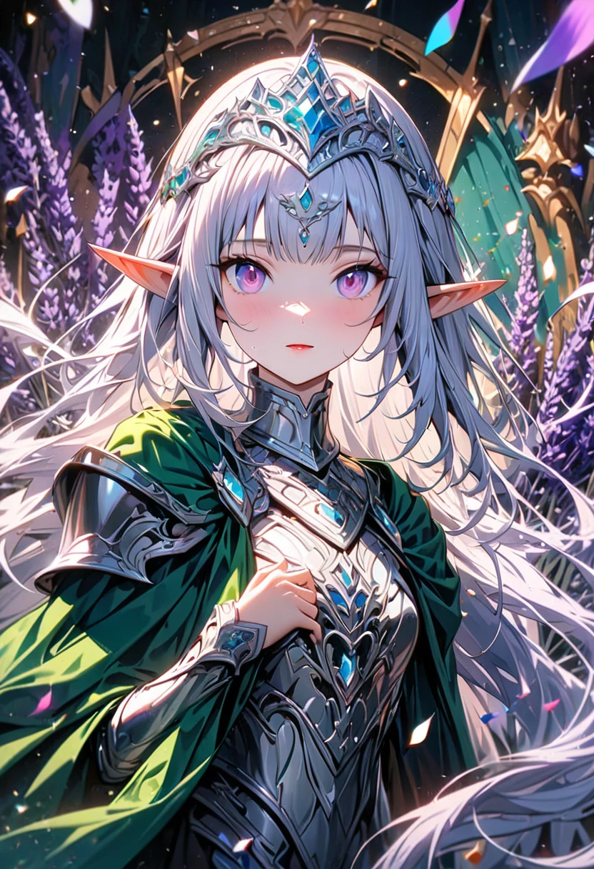 ((Silver Hair)), Highly detailed face and eyes, Very long hair, jewelry, Purple hair band, Long pointy ears, anime, masterpiece, Textured skin, (Super detailed), Awards, (highest quality), Fairy, in the forest, wood々Sunlight shining through, (Green Dress:1.4), whole body, Beautiful feet, hunting, Bow and Arrow, eyeball, tsurime, Variegated eyes, Bust Shot