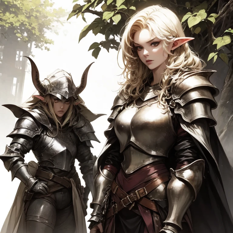 Female elf，Large breasts，Heavy armor，complex patterns，The background is the battlefield，Fighting posture，Mid-range portrait