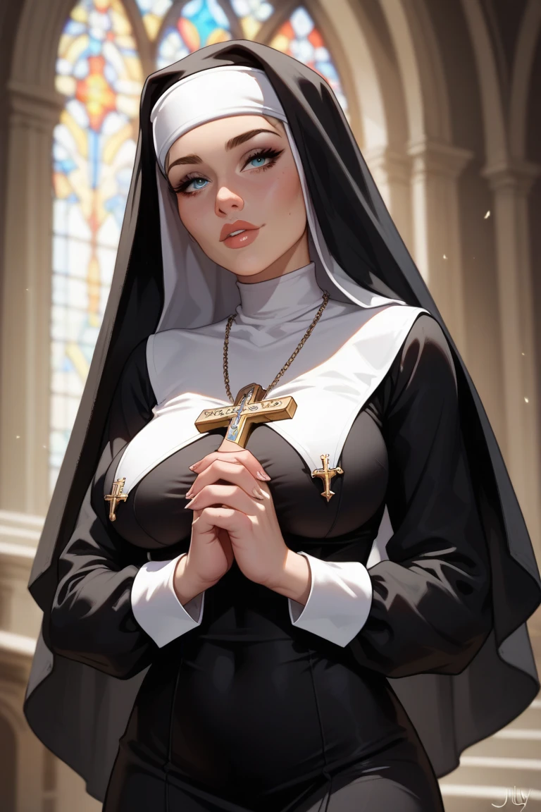 Arafed woman in a nun's costume posing for a photo, fashion model nun, art in the style of Guweiz, Karol Bak of Emma Watson nun, nun, nun's outfit, artgerm. Anime illustration, Artgerm. High detail, model IG | artgerm, wojtek fus, fanart best artstation, artgerm extremely detailed, colossal breasts, giant breasts, tits, big tits, big boobs, full breasts, giant breasts, latex