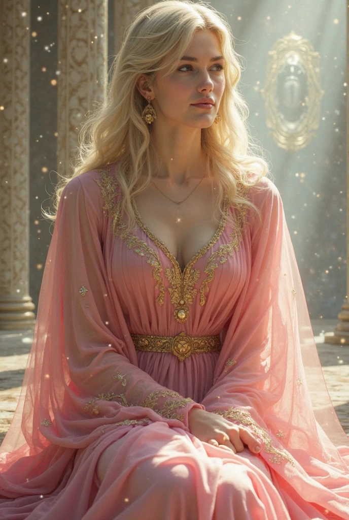 White Blonde hair, fluffy hair, stylish hair, long hair, lilac eyes, perfect eyes, beautiful, perfect face, tween, , short, kind, curvy, a flowing pale airy gown with ruffles along the bottom with tiny pink flowers and gold dragon embroideries with flowers, Her tiara had a pretty teal gemstones, silver necklace, noble class, royal, royalty, red castle, feasting hall, medieval, elegant surroundings, soft dewy makeup look, light peach blush, soft tan eyeshadow, light coral lipstick, cutesy, girlish, girly, guileless, ingénue, princess , whimsical lighting, Targaryen, dragons in the sky, photorealistic