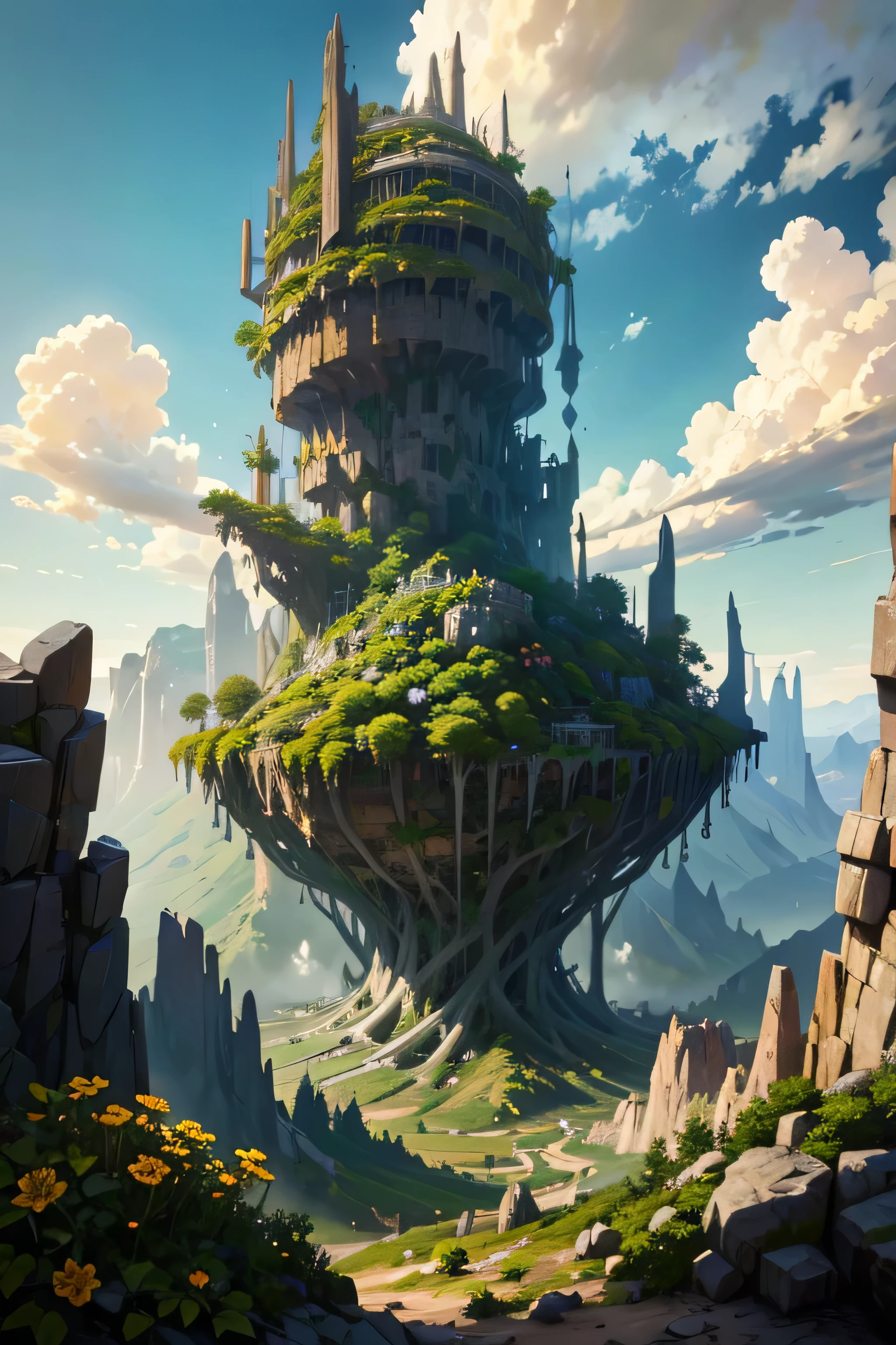 masterpiece, bottomless abyss, colorful flowers and giant trees. Beautiful sky and rocks in the distance. Adventure landscape. highest quality, detailed.