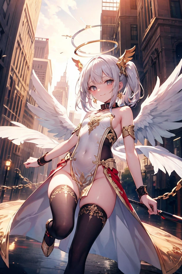 (((1girl))), ((best quality)), ((masterpiece)), ((ultra-detailed)), (illustration), (detailed light), (an extremely delicate and beautiful), (beautiful detailed eyes), (sunlight), ((extremely light)), ((extremely clothes)), (((hyper detail)))
(((adorable white lingerie))),
high twin pig tails, ((((white silver hair)))),
(((yellow gold eyes))),
((angel)), (((angel wings))), ((angel halo)),
(((whole body))), aged 13 to 16,
(((extra adorable))), (((extra slender shape))),
(((extremely beautiful detailed face))),
(mischievous smile with sexual satisfaction), (adorable smile),
(((condescending expression))),
(((jump up high above the magic circle))), (((((Dutch angle))))),
((())), (from below),
(((extremely thin thighs))), (((white stockings)))