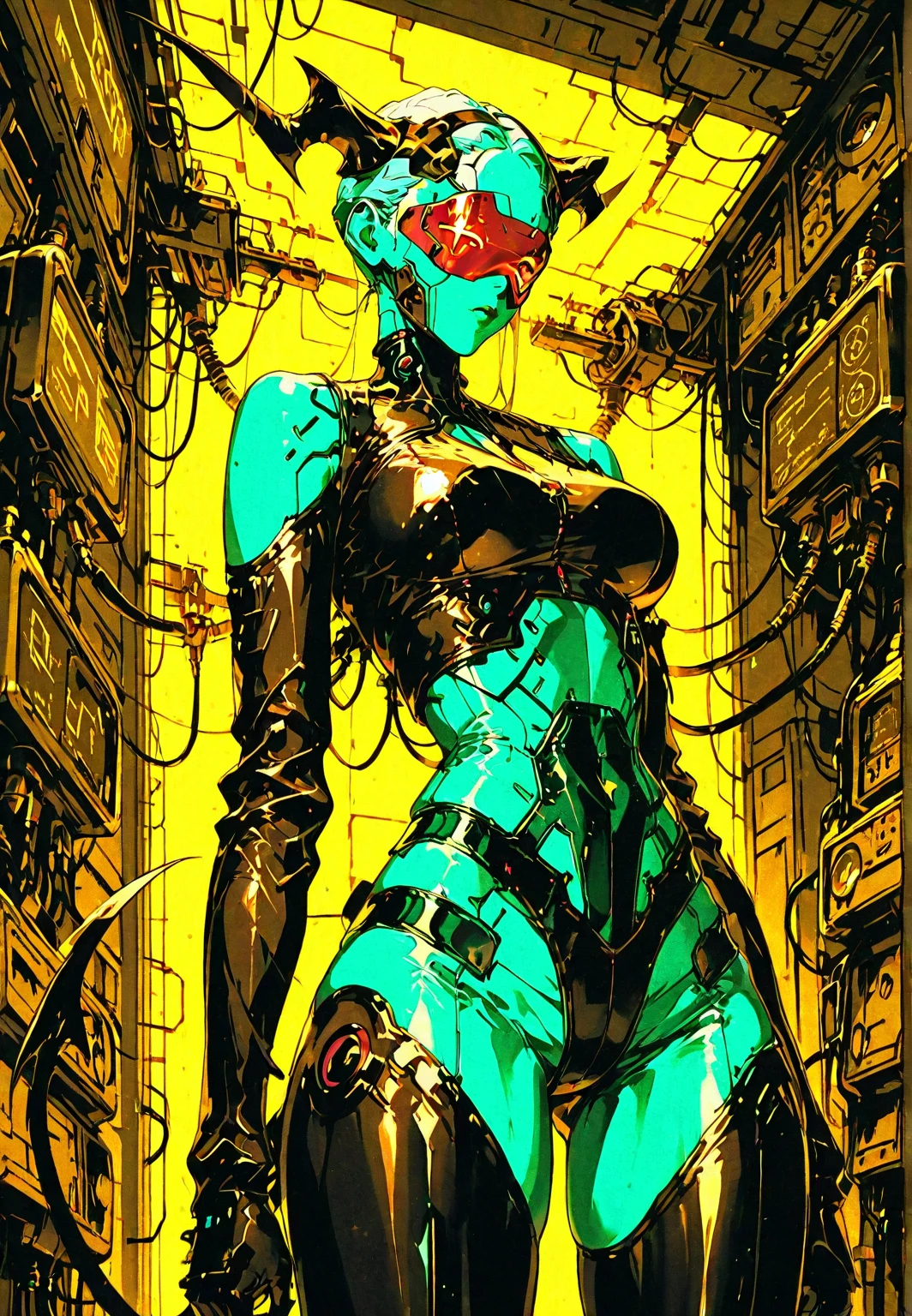 (((masterpiece))), (((best quality))), ((ultra-detailed)), (very detailed CG illustration), ((extremely delicate and beautiful)),cinematic light, biomechanics, dystopianx style, fog, darkness, cybernetics, artificial intelligence, space station environment, System Shock, Shodan, pale skin cybernetics, beautiful female, (cables attached to neck: 1.3), shiny short cyber hair, beautiful cybernetic face, menacing bright green cyber-eyes, breasts massive, colossal breasts, monstrous breasts, plump, thick thighs, cameltoe, neons (red, magenta, pink, glow, hue)