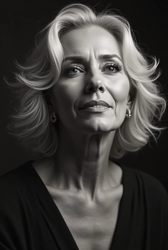 a beautiful mature woman with short blonde hair gently caressing her hair, an elegant and intellectual beauty with her mouth half open, she has a mouth that seems to drool, she frowns, her eyes closed, long eyelashes, in a state of ecstasy, sensual, the adult world, film noir, monochrome, strong shadows from side lighting, extremely detailed wrinkles on the skin, highly detailed and realistic.