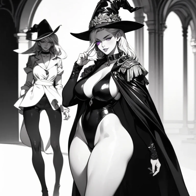 Witch, sexy pose, big breasts, curvy, smile, bob haircut, sexy dress